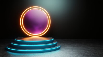 3D Neon Circle Platform with Glowing Ring Abstract Background
