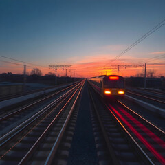Transportation mode speeds on railroad tracks at sunset generative AI