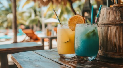 Tropical drinks on a beachside bar, capturing the refreshing essence of summer
