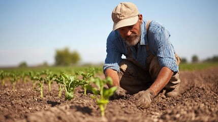 Senior farmer kneeling, tending to young plants in a field.