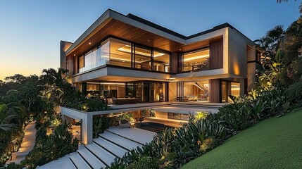 Fototapeta premium A modern, luxurious house with large glass windows, elegant design, and lush landscaping, illuminated at dusk.