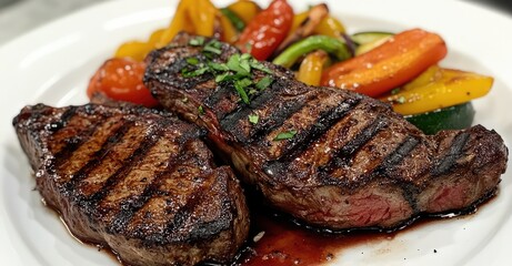 Marinated Grilled Rib-Eye Steak with Vegetables. AI generated illustration.