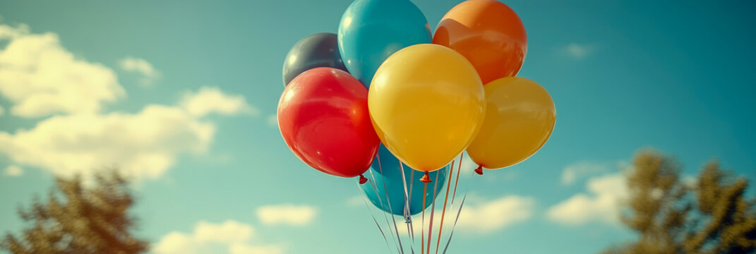Brightly colored balloons rise against a blue sky filled with fluffy clouds, creating a cheerful atmosphere at a summer gathering in a park