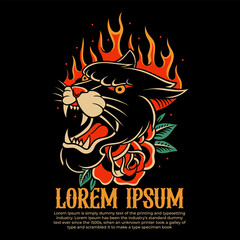 fire tiger traditional tattoo, panther tattoo, vintage tattoo design element typography