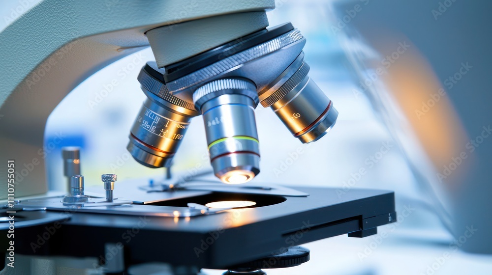 Poster a close-up of a laboratory microscope in action, focusing on a specimen slide
