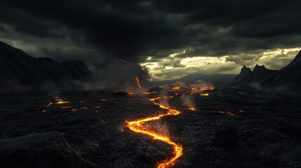 Fototapeta premium Volcanic eruption creates flowing lava amidst dark clouds and rocky landscape at twilight