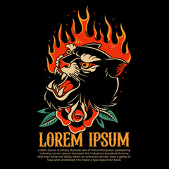 fire tiger traditional tattoo, panther tattoo, vintage tattoo design element typography