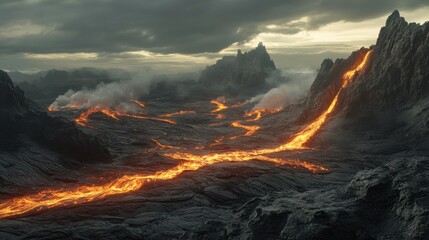 Fototapeta premium Molten lava flows through a rugged volcanic landscape under a dramatic cloudy sky at dusk