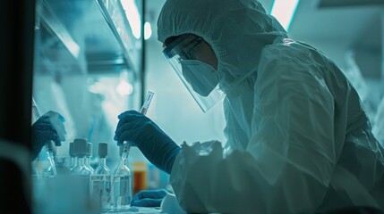A close-up of a laboratory technician testing samples for coronavirus in a sterile environment