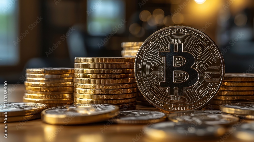 Aufkleber close-up view of bitcoin coins displayed on a wooden table with soft focus background
