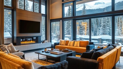 Luxurious living room with mountain view, fireplace, and large windows.