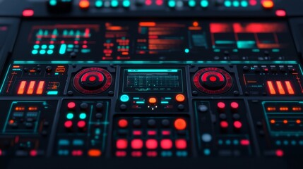 Obraz premium Technology Addiction conceptual. Futuristic control panel with glowing buttons and screens.