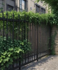 Fototapeta premium Iron black bar fence covered in thick climbing vines with green leaves , black fence, landscape , plants