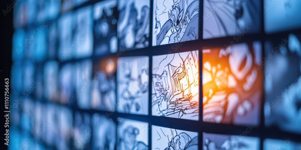 Poster a close-up of a storyboard filled with hand-drawn frames illustrating a dynamic animation sequence