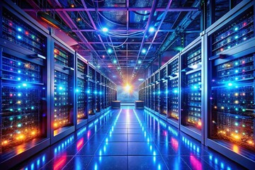 Panoramic View of a Modern Data Center with Cloud Computing and Digital Networks, Showcasing Data Uploading to the Cloud Infrastructure in a High-Tech Environment