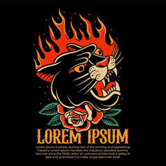 fire tiger traditional tattoo, panther tattoo, vintage tattoo design element typography