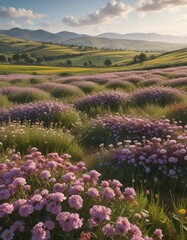 Fototapeta premium Dense clusters of crop flowers in foreground with rolling hills and fields in background, Yorkshire Wolds, landscape