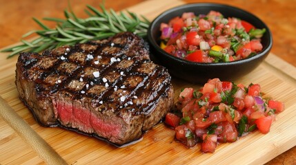 A beautifully cooked steak served with fresh salsa and garnished with rosemary.