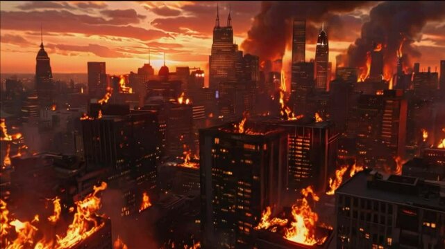 Apocalyptic Cityscape: Burning Buildings at Sunset - Epic 4K Fire Animation