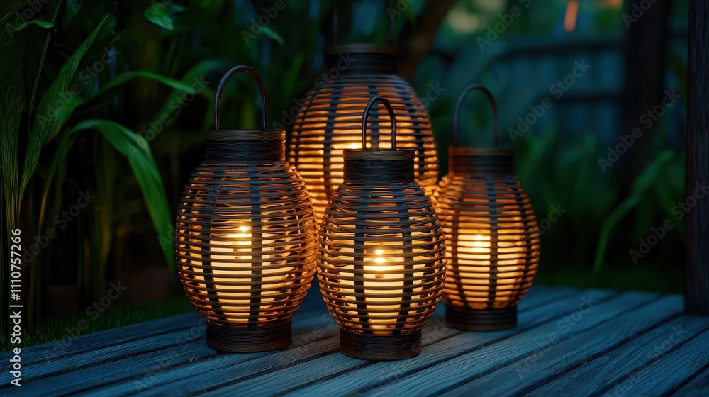 Poster illuminated decorative lanterns in a garden setting at dusk with warm glow