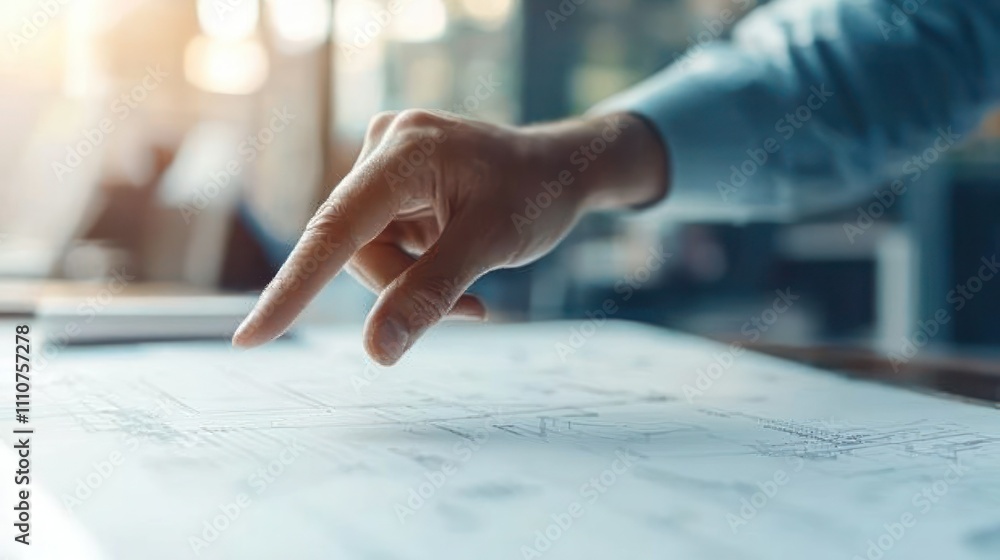 Poster a close-up of an architect's hand pointing at specific details on a building plan during a meeting