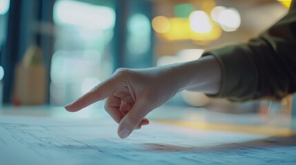 A close-up of an architect's hand pointing at specific details on a building plan during a meeting