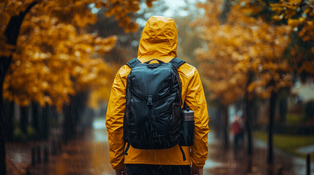 A person in a bright yellow raincoat stands on a city street surrounded by orange and brown autumn leaves during a rainy day