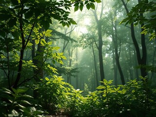 Obraz premium Foliage in the forest absorbs and reflects soft green light, branches, canopy, forest