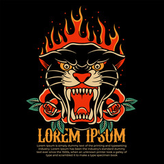 fire tiger traditional tattoo, panther tattoo, vintage tattoo design element typography