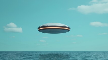 Futuristic Flying Saucer Hovering Above Calm Ocean Under Bright Blue Sky