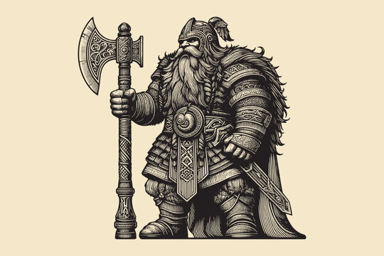Vintage line art engraving of an ancient dwarf warrior with a battle axe. Detailed armor, braided beard, and bold features. Isolated on a white background, classic and heroic design
