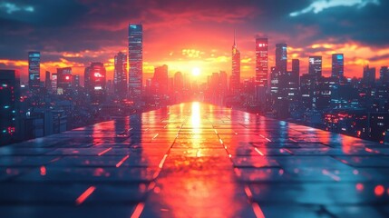 Cityscape at Sunset with a View of a Long Pathway Leading to a Vibrant Horizon