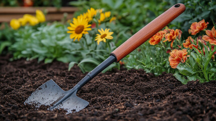 High-quality close-up image of gardening tools, including a rake, trowel, and watering can
