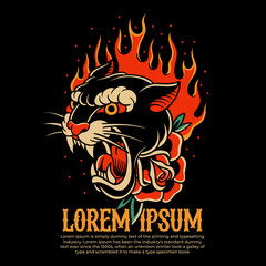 fire tiger traditional tattoo, panther tattoo, vintage tattoo design element typography