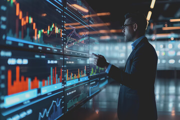 Fototapeta premium A stock market analyst is presenting a report to a group of investors using a screen to analyze data