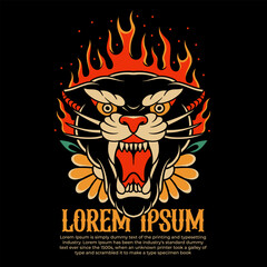 fire tiger traditional tattoo, panther tattoo, vintage tattoo design element typography