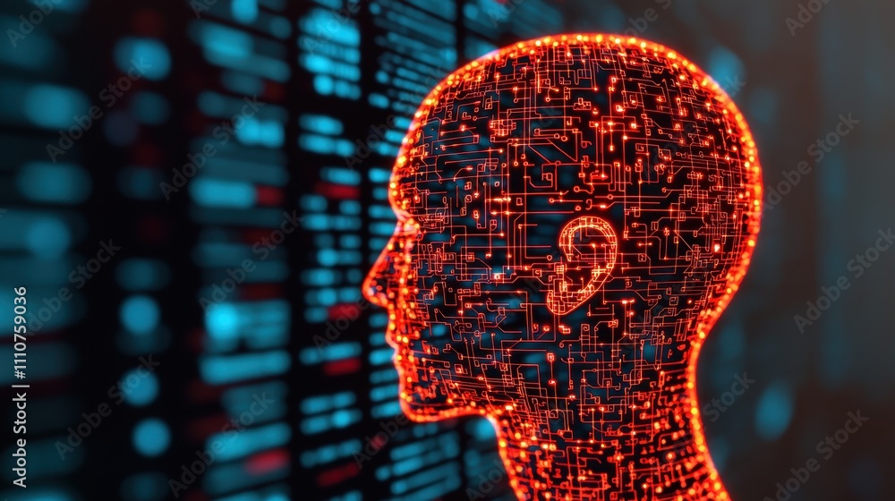 Poster futuristic head silhouette with glowing circuit patterns in cybernetic design