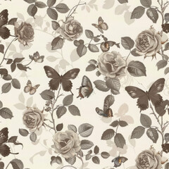 Vintage style pattern featuring roses and butterflies in soft tones, creating romantic and elegant atmosphere. Perfect for home decor or textile design