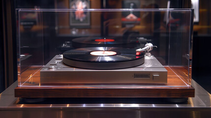 vintage vinyl record player with spinning record, showcasing its elegant design and craftsmanship....