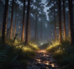 Obraz premium Flickering lights of fireflies illuminate the twilight forest, woodland glow,