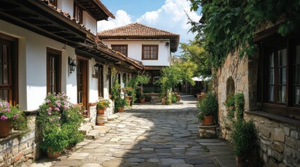 Cobblestone alleyway in a historic European village with traditional houses, flowers, and greenery.
