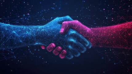 handshake, cooperation, partnership, digital art, technology, abstract background, blue and pink colors, illustration of agreement, futuristic design, communication image