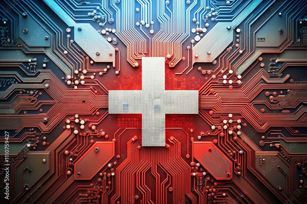 Poster panoramic view of swiss flag displayed on a high-tech circuit board, symbolizing innovation and tech