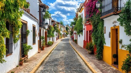 Charming cobblestone street in a sunny Spanish town with colorful buildings and lush greenery.