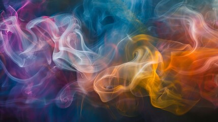 photograph of Abstract colorful smoke swirls against black background