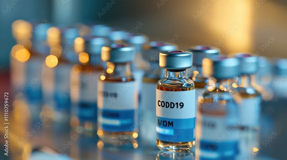 Poster a close-up of vials labeled for covid-19 vaccine testing on a lab bench