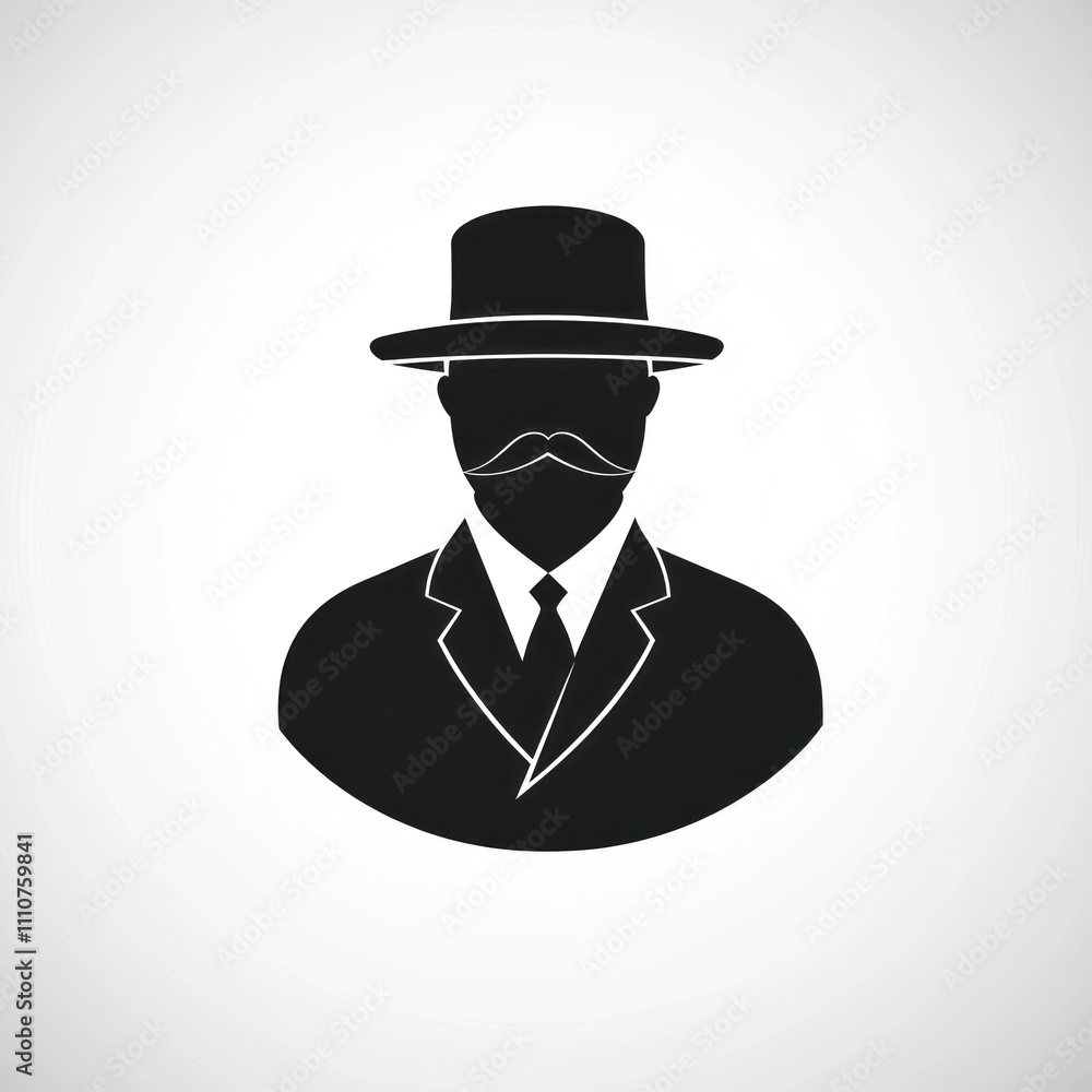 Poster here's a possible and keyword list for your image.. silhouette of a man in a suit, hat, and mustache