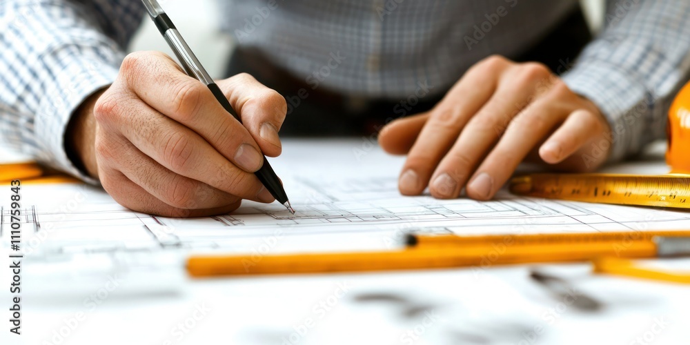 Poster a close-up shot of an architectâ€™s hands holding tools while sketching on paper or a drafting board