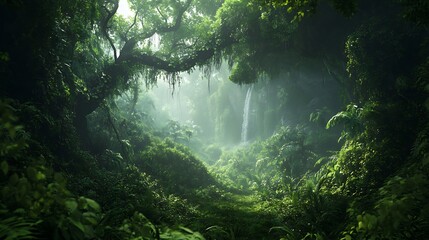A dense rainforest with towering trees, hanging vines, and the distant sound of a waterfall