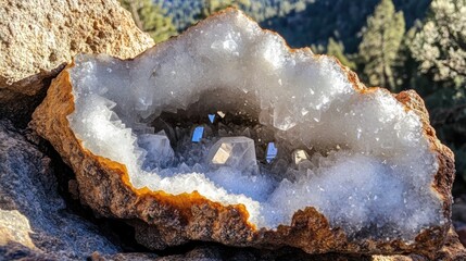 Obraz premium Stunning geode showcasing crystal formations against a natural backdrop in daylight